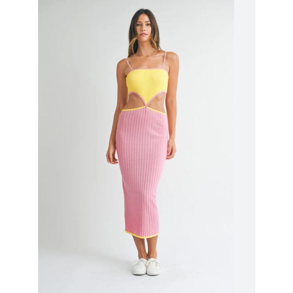 Mable Color Block Cutout Midi Dress Ribbed Pink and Yellow M